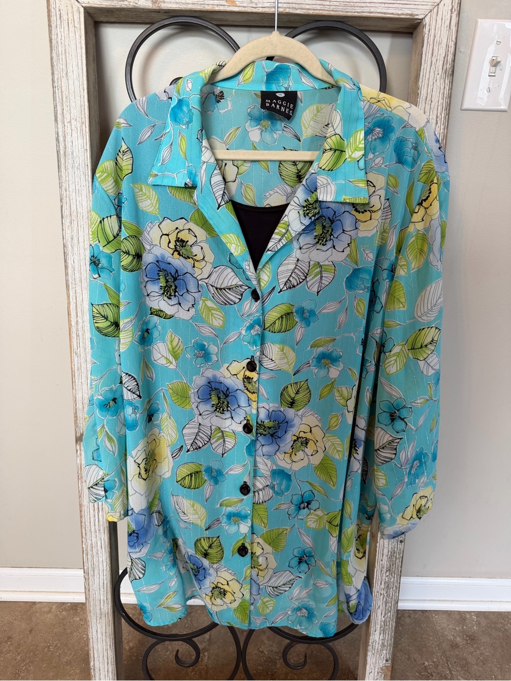 Maggie Barnes 3X Floral Tunic Blouse Aqua Blue Layered 3/4 Sleeve Button Front